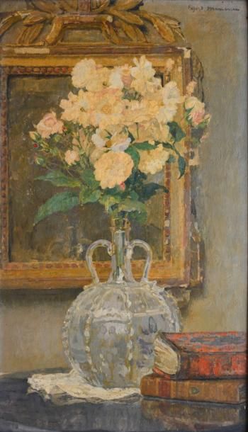 Edgar MAXENCE Bouquet au vase de cristal Huile sur panneau (usures et restaurations),...