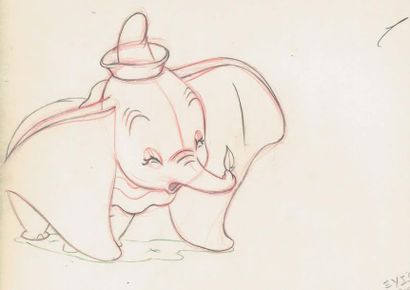null DUMBO Studios Disney, 1941. Dessin d'animation de Dumbo à la mine de plomb et...