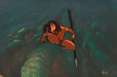 null TARZAN Studios Disney 1999. Cellulo de Tarzan sur son décor original peint avec...
