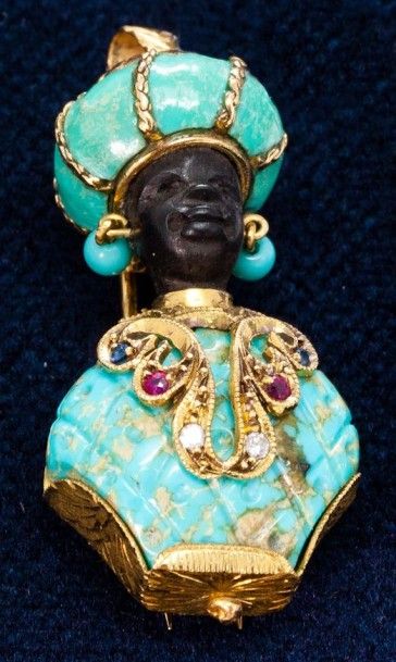 null Broche pendentif figurant un buste de "maure" orné de turquoises et petites...
