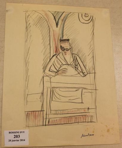 ABERDAM Alfred, 1894-1963 Homme à sa lecture Crayon et aquarelle, cachet de la signature...