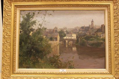 BAILLET Ernest, 1853-1902 Vue d'une ville en bord de rivière Huile sur toile, signée...
