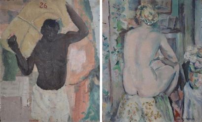 BASCOULES Jean-Désiré, 1886-1976 Porteur africain - Modèle blond de dos Huile sur...