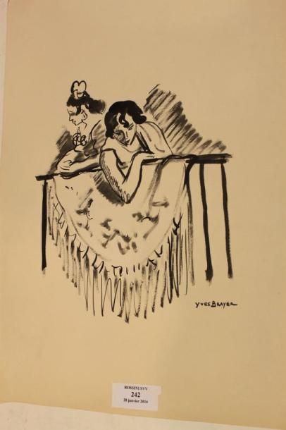 BRAYER Yves, 1907-1990 Carmen au balcon Lavis d'encre de Chine, signé en bas à droite,...