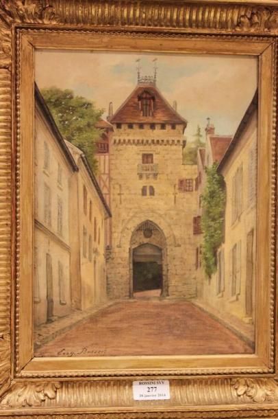BUSSER Eug., XXe siècle Porte fortifiée Huile toile, signée en bas à gauche, 33 x...