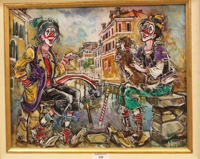 DUMONT Claude, 1884-1936 Venise les clowns touristes Peinture sur toile, signée en...
