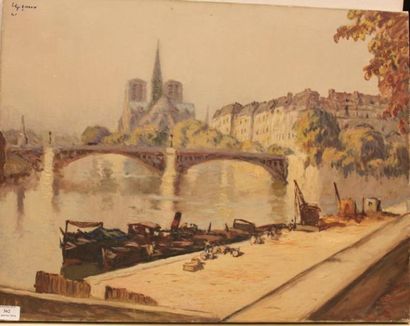 Ecole Moderne Notre Dame et les Quais, 1941 Huile sur toile (petit accident), porte...