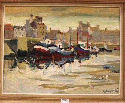 GAMBIER Léon, 1917-2007 Port Breton Huile sur toile, signée en bas à droite, 46 x...
