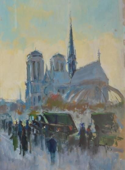 GRISOT Pierre, 1911-1995 Les bouquinistes et Notre-Dame, 1985 Peinture sur papier,...