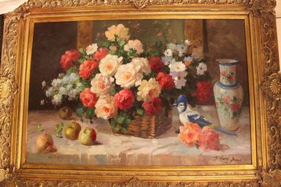 HOU Robert, XXe siècle Bouquet de fleurs, oiseau et vase sur un entablement Huile...