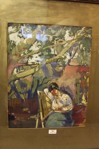 KATCHADOURIAN Sarkis, 1886-1947 La lecture au jardin Gouache sur papier, signé en...