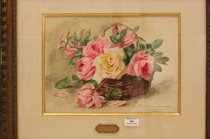 LEMAIRE Madeleine, 1845-1928 Panier de rose Aquarelle, signée en bas à droite, 26...