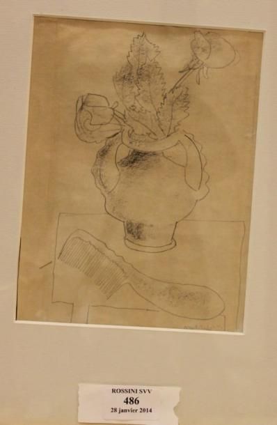 MARYAN Pinchas, 1927-1977 Bouquet et peigne Crayon noir et estompe (traces de plis...