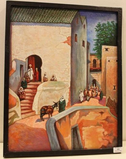 MAZOUZI Rachid, XXe siècle Sefrou, rue animée Peinture sur toile, signée en bas à...