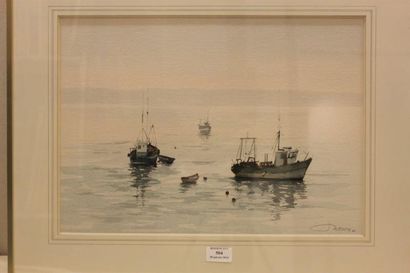 NOURY Jacques, né 1937 Bateau de pêche au mouillage Aquarelle, signée en bas à droite...