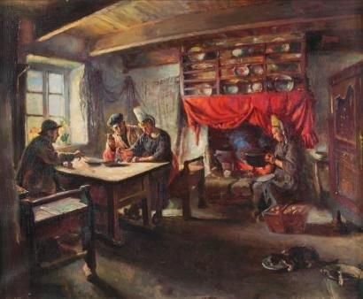 SILBERT Max, 1871-1930 Repas de paysans bretons Huile sur toile, signée en bas à...