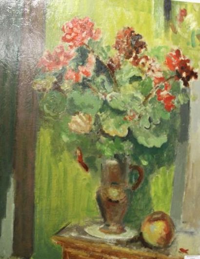 SIMON Robert, 1888-1961 Géraniums et pommes rouges Huile sur toile (restaurations),...