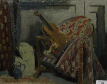 SIMON Robert, 1888-1961 Le fauteuil drapé au violon Huile sur carton marouflé sur...