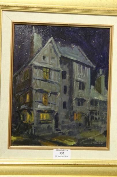 SIMON Robert, 1888-1961 Vieilles maisons à Bayeux la nuit Huile sur carton, signé...