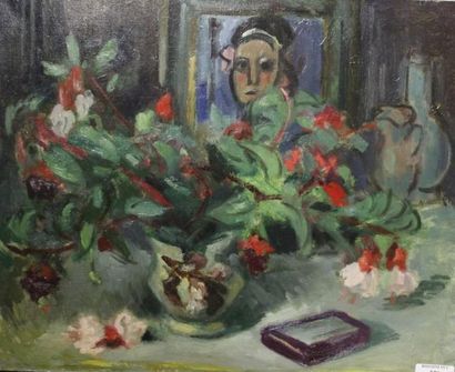 SIMON Robert, 1888-1961 Bouquet de fushias au Pierrot Huile sur toile, cachet d'atelier...