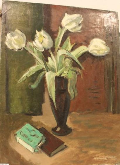SIMON Robert, 1888-1961 Vase aux tulipes et livre vert, 1930 Huile sur toile, cachet...