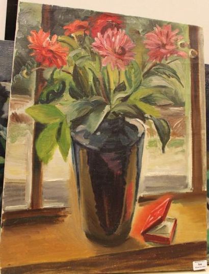 SIMON Robert, 1888-1961 Le vase bleu aux dahlias Huile sur toile, cachet d'atelier...