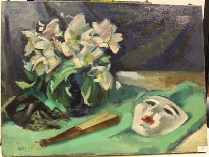 SIMON Robert, 1888-1961 Roses de Noel au masque blanc, 1943 Huile sur toile, cachet...