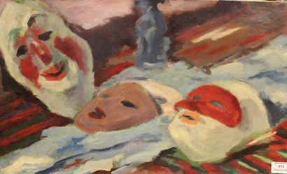 SIMON Robert, 1888-1961 Les masques joyeux, 1933 Huile sur toile, cachet d'atelier,...