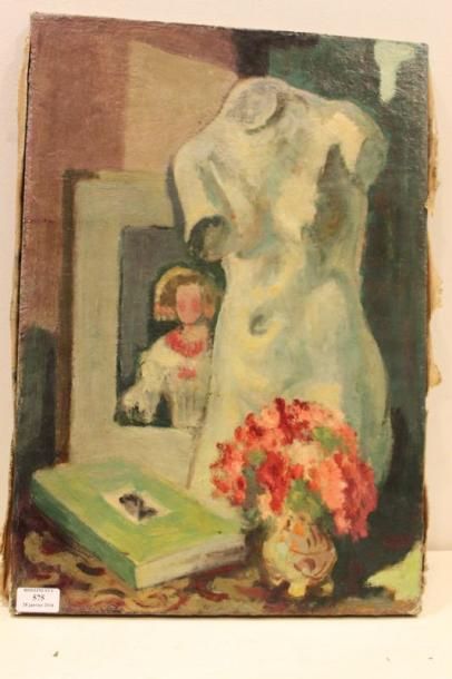 SIMON Robert, 1888-1961 Platre au bouquet rose, 1935 Huile sur toile, cachet d'atelier...