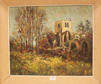 SOKOL, XXe siècle Eglise en ruine Huile sur toile, signée en bas à droite, 46 x 55...