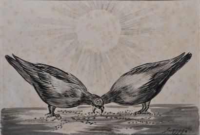 SURVAGE Léopold, 1879-1968 Deux pigeons picorant, 1951 Lavis d'encre noire (rousseurs),...