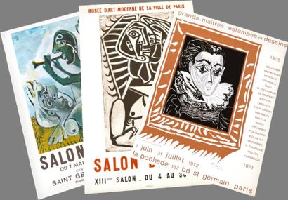 Pablo Picasso (1881-1973) Lot de 3 affiches. "Salon de Mai" 1957 et 1970, "La Pochade"...