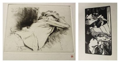 LEPÈRE Auguste Louis, 1849 - 1918 Femme sommeillant - La prière Trois gravures (traces...