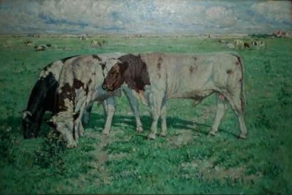 ABELOOS Victor, 1881-1965 Vaches au pâturage Huile sur toile (restaurations), signée...