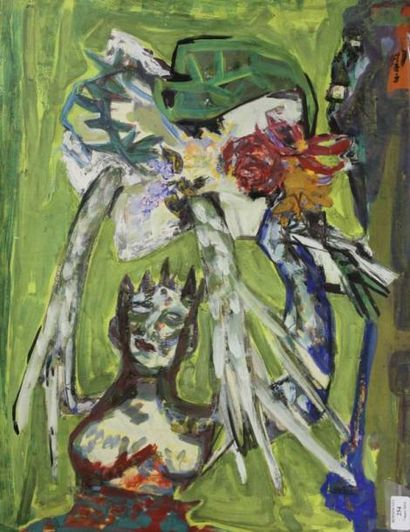 ALDE Yvette, 1911-1967 Bouquet à l'ange Gouache, signée en bas à droite. 49,5 x 64,5...