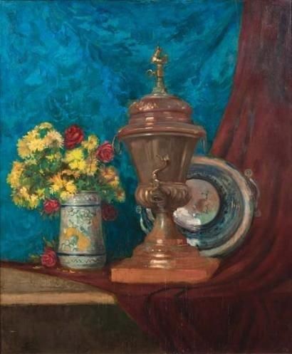CAUCHOIS Henri, 1850-1911 Samovar et bouquet à la tenture Huile sur toile rentoilée...
