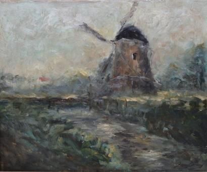 COURTENS Frans, 1854-1943 Paysage au moulin Huile sur toile, signée en bas à droite,...
