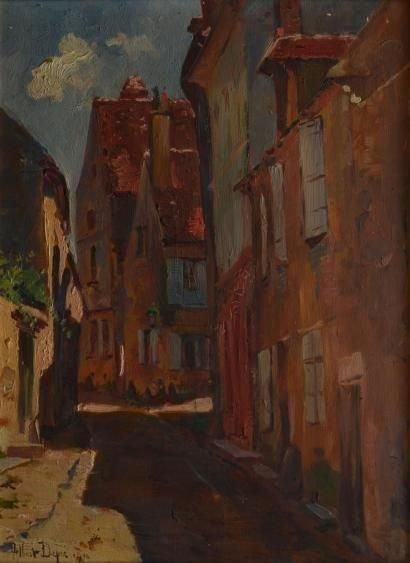 DEPRÉ Albert, 1861-1937 La rue bourgeoise à Clamecy, Nièvre 1910 Huile sur panneau...