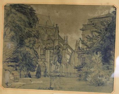DUGUET Charles, XXème Vue du parc de la cathédrale de Bourges Crayon gras, signé...