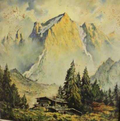 Ecole Moderne Chalet en montagne Peinture sur isorel (manques), 65x65 cm.