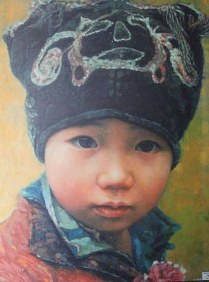 Ecole Moderne Portrait de petit garçon Peinture sur toile, non signée, 80 x 60 c...