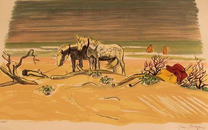 BRAYER Yves (1907-1990) Chevaux sur la plage Lithographie (pliure), signée en bas...