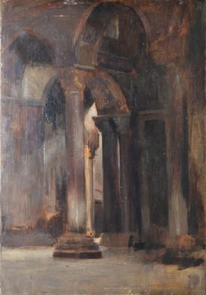 FERRIER Gabriel, 1847-1914 Intérieur d'église, Donrémy Huile sur toile (petits manques),...
