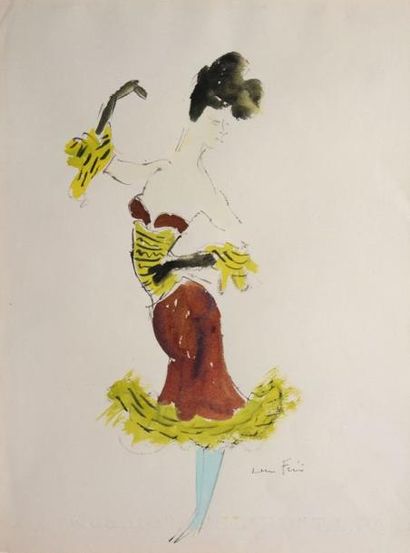 FINI Léonor, 1908-1996 Coquette à la robe rouge et jaune Aquarelle gouachée (traces...