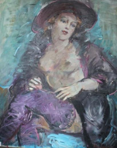 HAROUTIOUNIAN Hovhannes, né en 1950 Le déshabillé rose Huile sur toile, signée en...