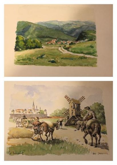 JACQRINY J.M., XXe siècle Paysage de montagne - Moulins Lot de trois aquarelle sur...