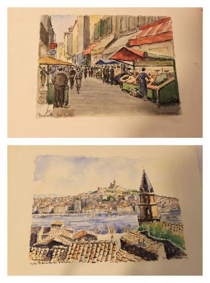 JACQRINY J.M., XXe siècle Vues de Marseille Lot de trois aquarelle sur papiers (salissures),...