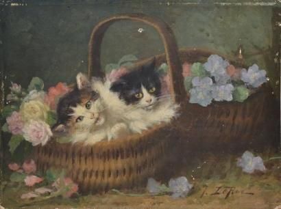 LE ROY Jules Gustave, 1856-1921 Deux chatons au panier fleuri huile sur panneau (manques),...
