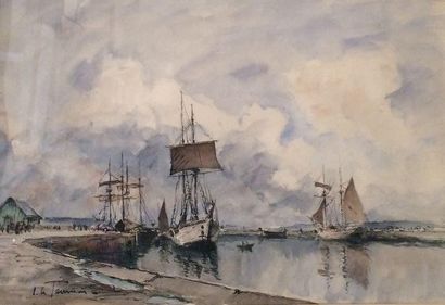 LE TOURNIER JOSEPH MARIE, 1892-1972 Voiliers à quai au port de Paimpol Aquarelle,...