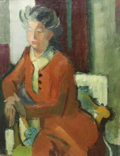 SIMON Robert, 1888-1961 Femme accoudée au fauteuil Huile sur toile, non signée, 65x50...